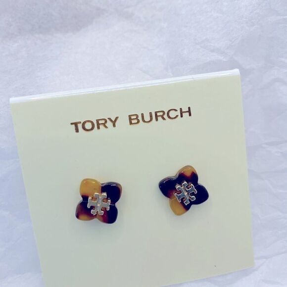 New Tory Burch Tortoise Flower Gold Logo Stud Earrings - Picture 9 of 10